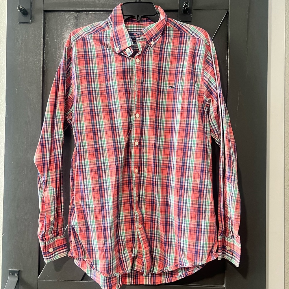 Vineyard Vines Slim Fit Whale Shirt Blue Orange Plaid Button Up